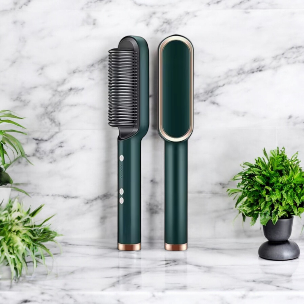 GlowBrush Pro Lisseur Ionique 2-en-1 à Chauffage Rapide avec Peigne Lissant et Brosse Bouclante